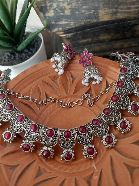 Classic red Jewel set Traditional Silver Finish Jewelry Set with Red Stone Neckpiece and Drop Earrings