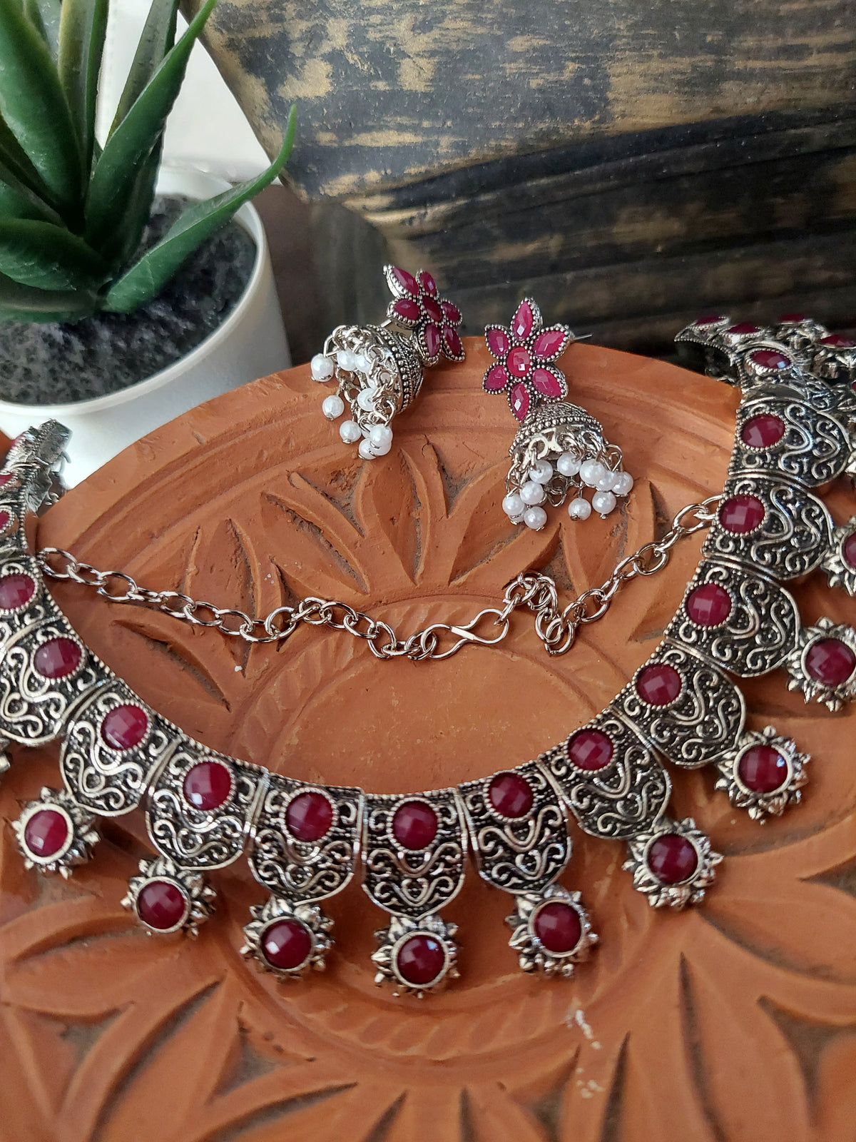 Classic red Jewel set Traditional Silver Finish Jewelry Set with Red Stone Neckpiece and Drop Earrings