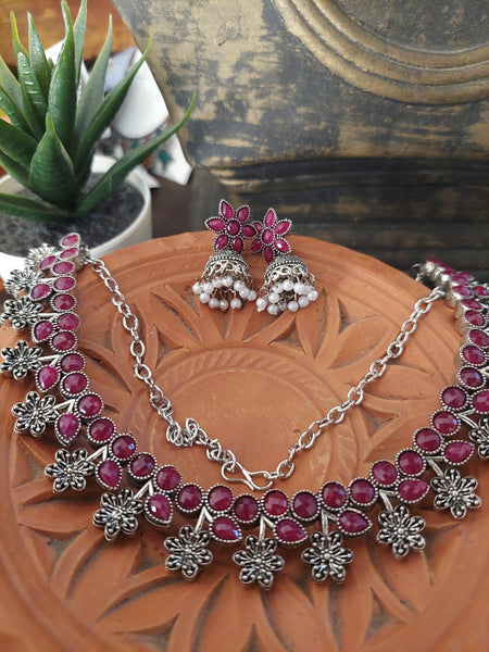 Claasic red jewel set Traditional Round Floral Neckpiece Jewelry Set with Red Stone and Drop Earrings