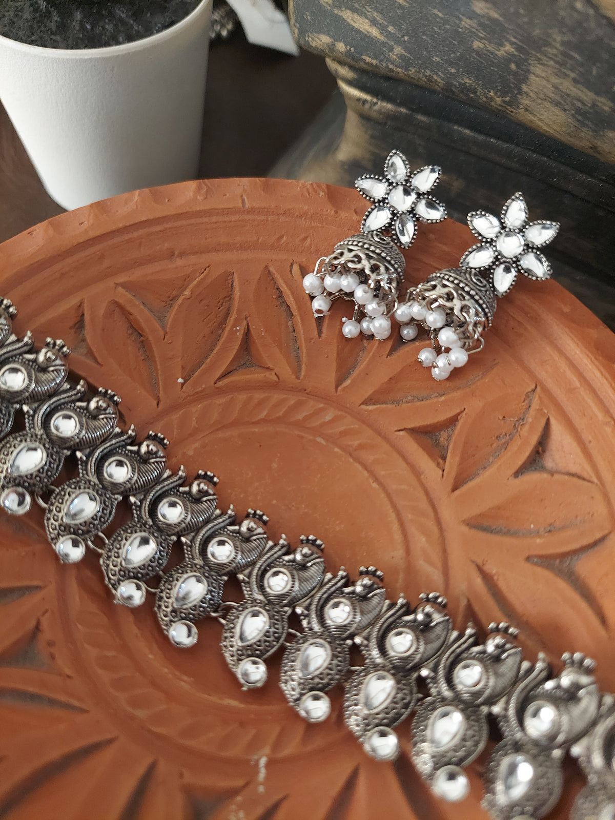 Classic Jewel set Traditional Silver Finish Jewelry Set with White Stone Neckpiece and Drop Earrings