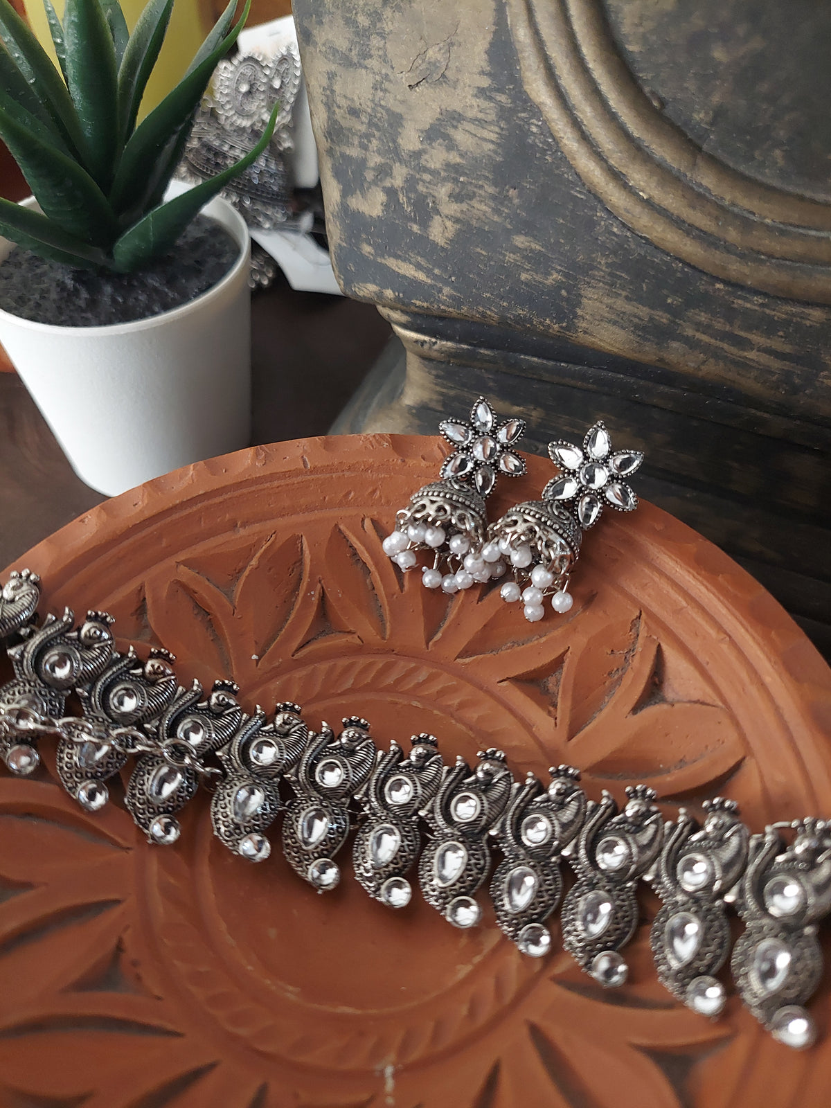 Classic Jewel set Traditional Silver Finish Jewelry Set with White Stone Neckpiece and Drop Earrings