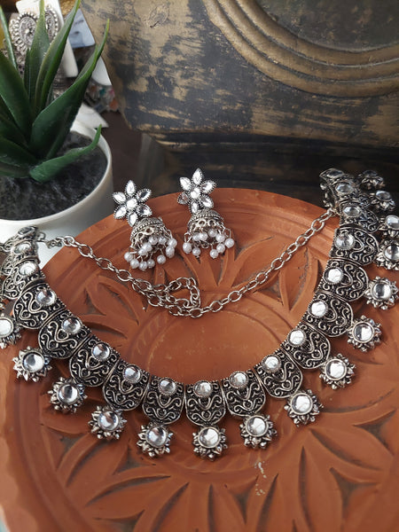 Classic white Jewel Set Traditional Silver Finish Jewelry Set with White Stone Neckpiece and Matching Earrings