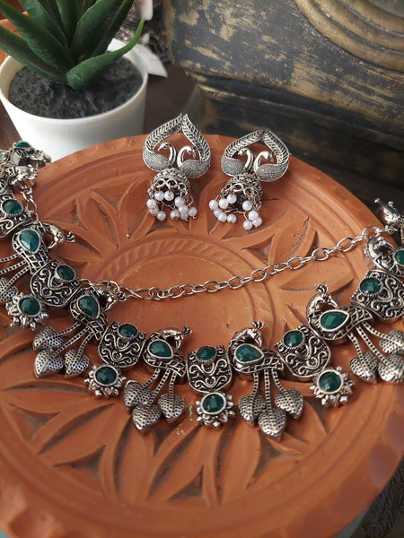 Classic jewel set Antique Oxidized Silver Necklace Set with Floral Design and Matching Earrings