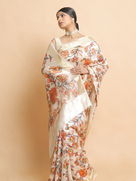 Chandaniya Cream Chiniya Silk Saree | Elegant Traditional Ethnic Wear Silk Saree