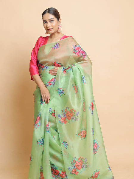 Ribald Elegant Light Green Organza Saree for Festive and Occasion Wear