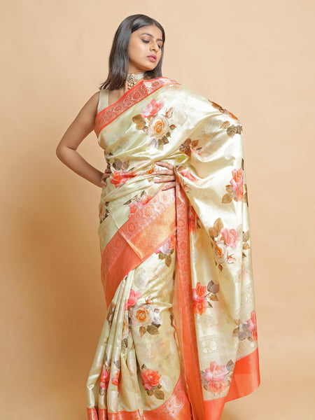 Chinyiak Premium Tussar Banarasi Saree Light Yellow Orange Combination Elegant Saree