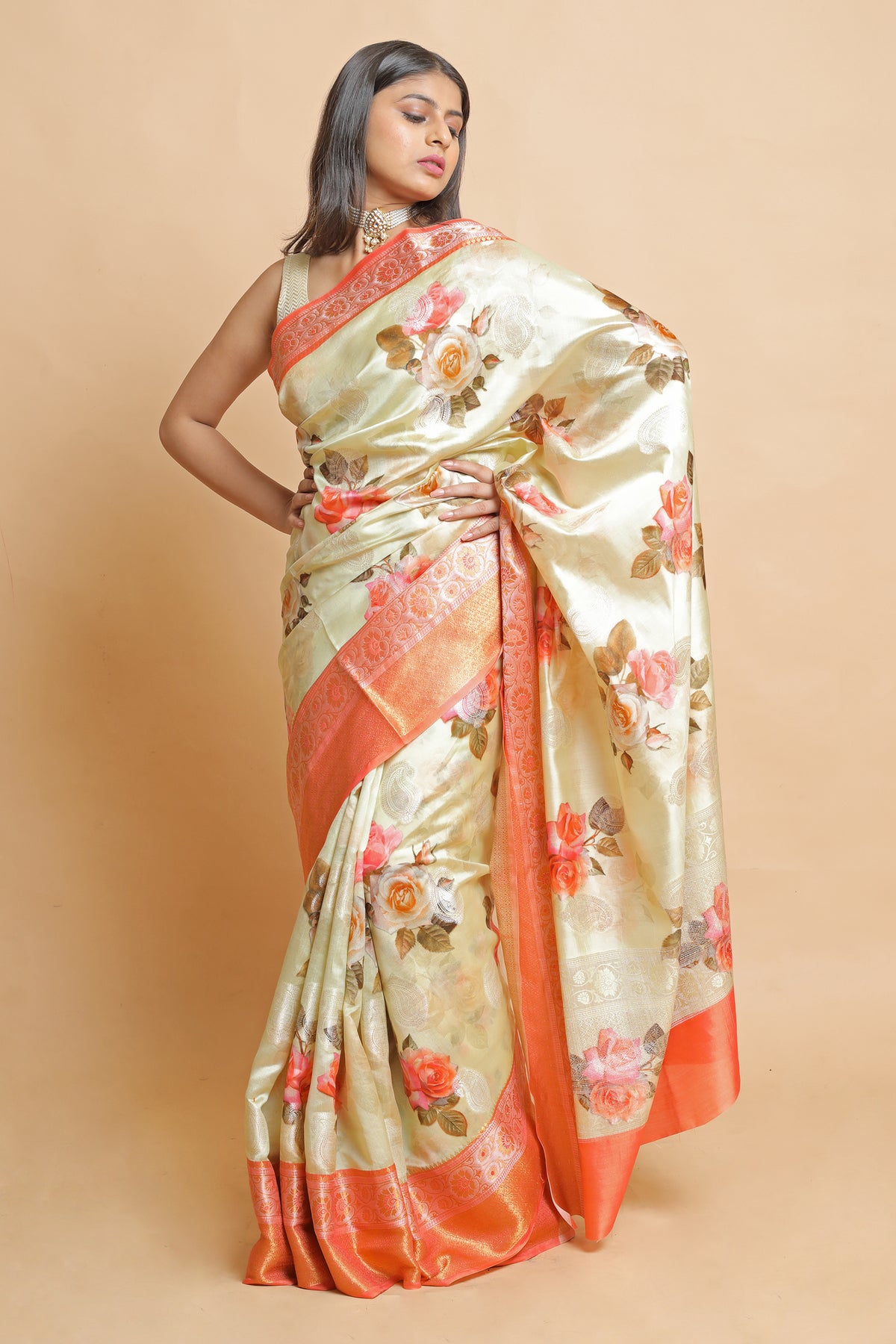 Chinyiak Premium Tussar Banarasi Saree Light Yellow Orange Combination Elegant Saree