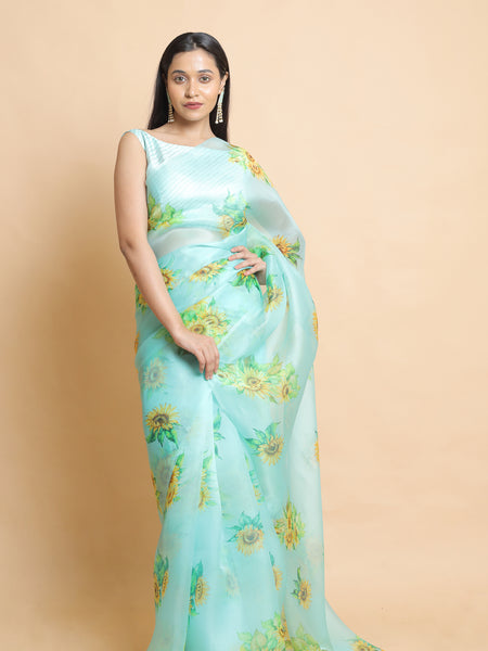 azure Premium Sea Green Organza Satin Crepe Saree for Women Collection