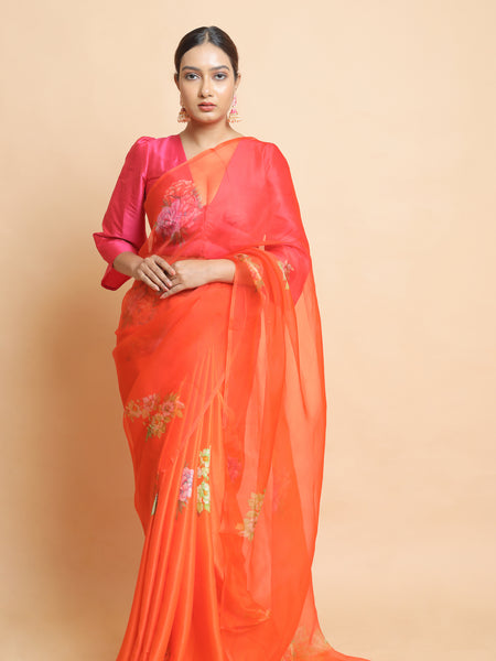 Tangerine Designer Light Orange Organza Saree – Minimal Elegant Festive Collection