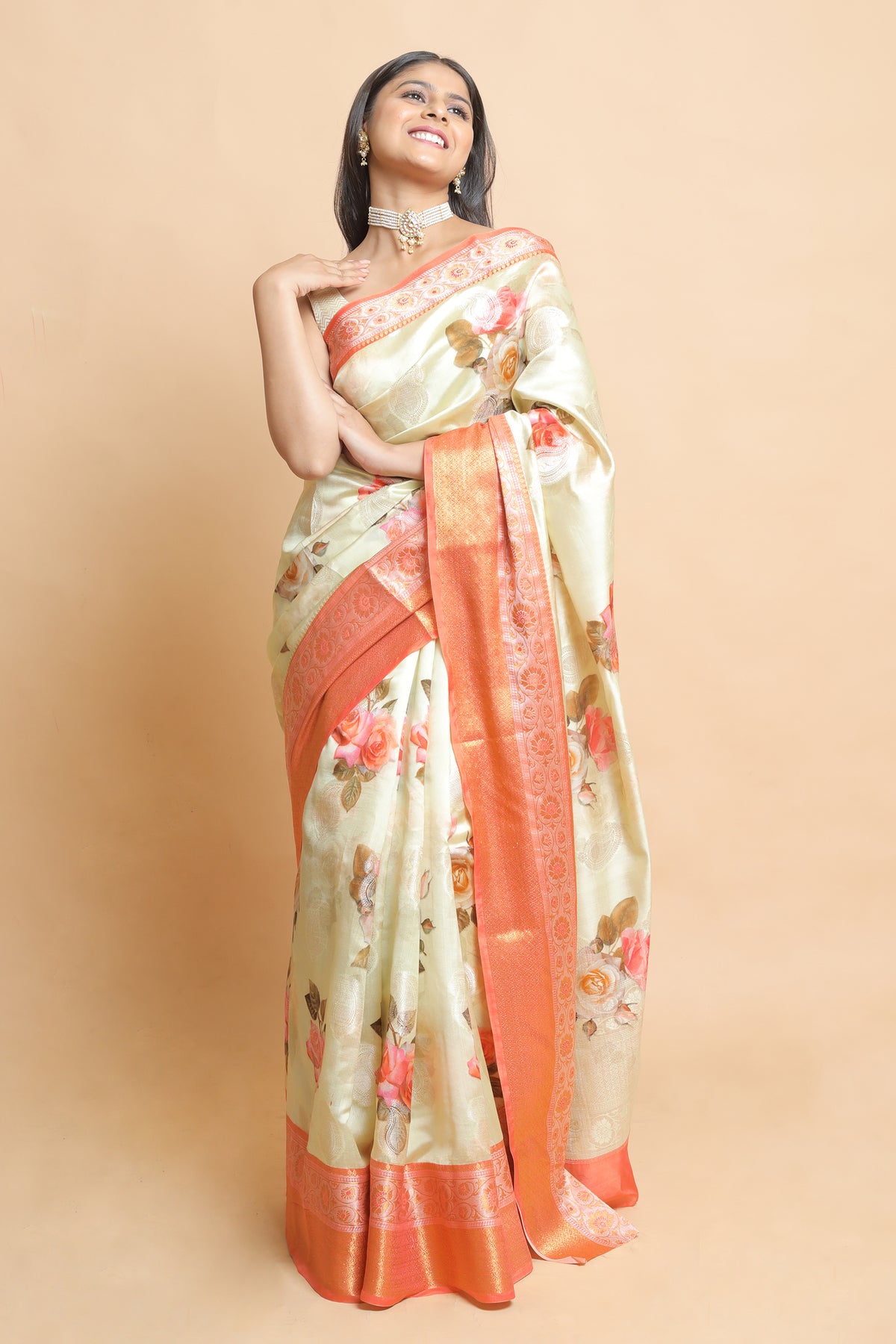 Chinyiak Premium Tussar Banarasi Saree Light Yellow Orange Combination Elegant Saree