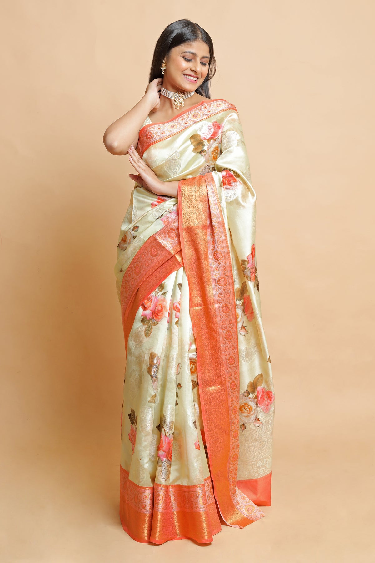 Chinyiak Premium Tussar Banarasi Saree Light Yellow Orange Combination Elegant Saree