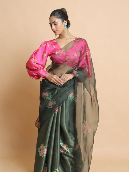 Stygian Premium Bottle Green Organza Saree for Women Collection