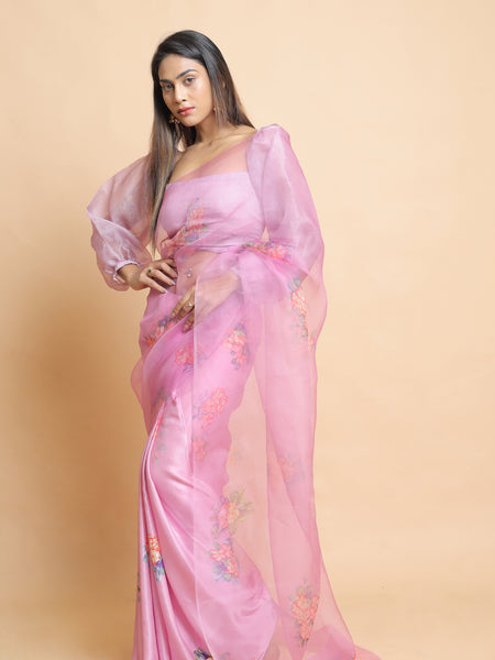 Plum Designer Pink Organza Saree for Wedding and Celebration Wear