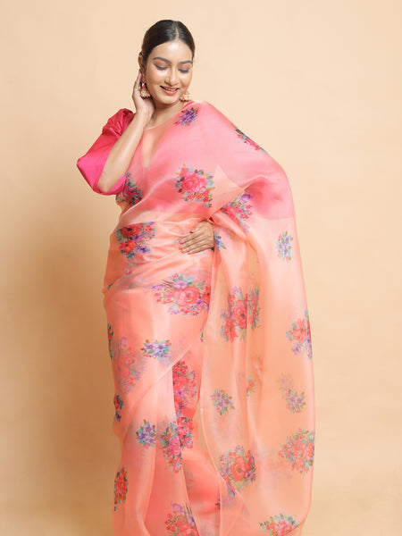 Blush | Lightweight Light Orange Organza Saree for Festive & Party Wear