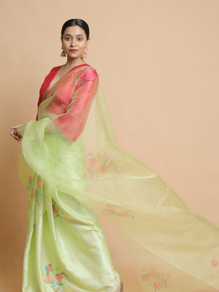 Jade Women Lemon Green Organza Saree Lightweight Ethnic Saree