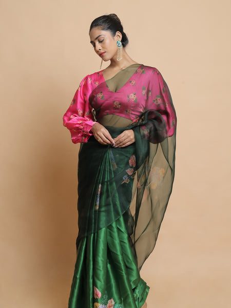Moody Forest Premium Green Organza Saree for Women Ethnic Collection