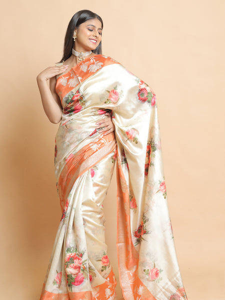 Chinyia 10 Elegant Dual Tone Beige and Orange Silk Saree in Chiniya Silk – Festive Wear