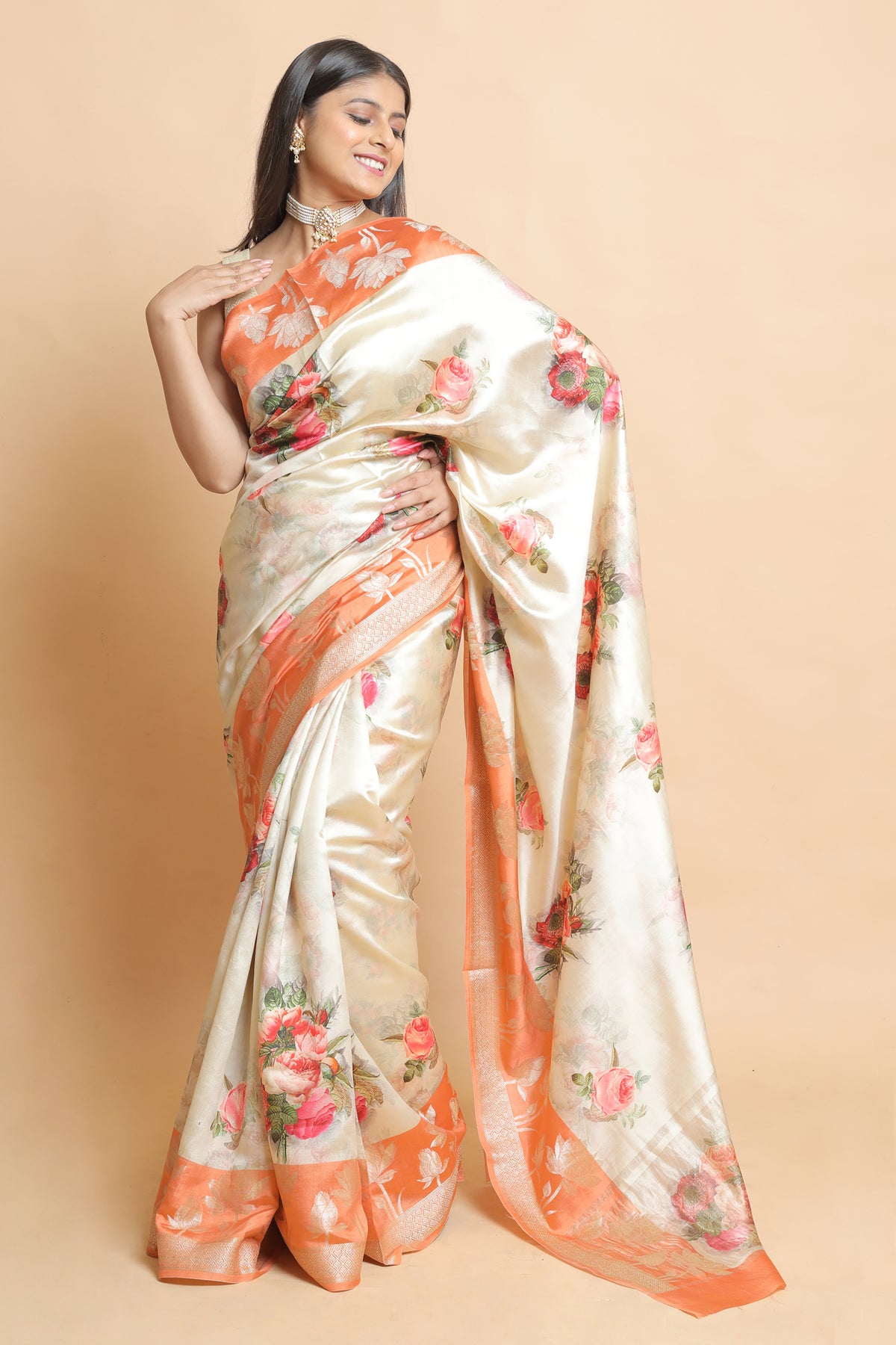 Chinyia 10 Elegant Dual Tone Beige and Orange Silk Saree in Chiniya Silk – Festive Wear