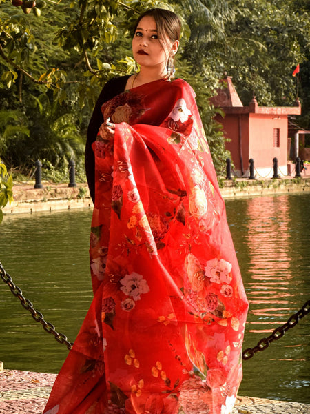 Aayra Designer Light Red Organza Saree for Wedding and Celebration Wear