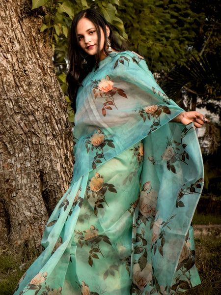 Tiayra Elegant Sky Blue Organza Saree for Festive Wear