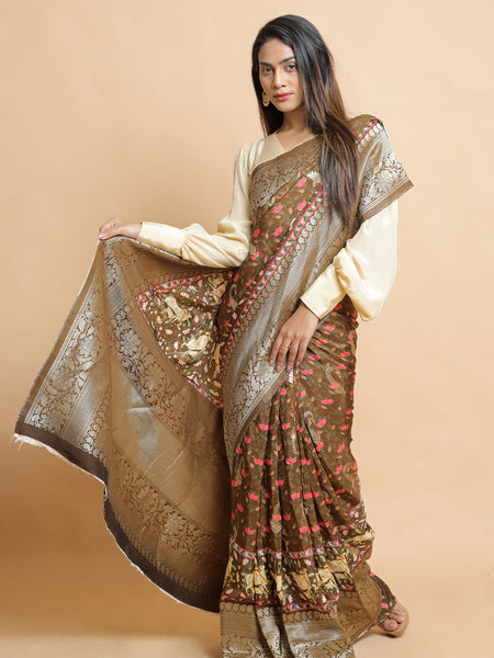 Kailesvari Designer Brown Khaddi Zari Saree for Festive, Wedding & Cultural Occasions