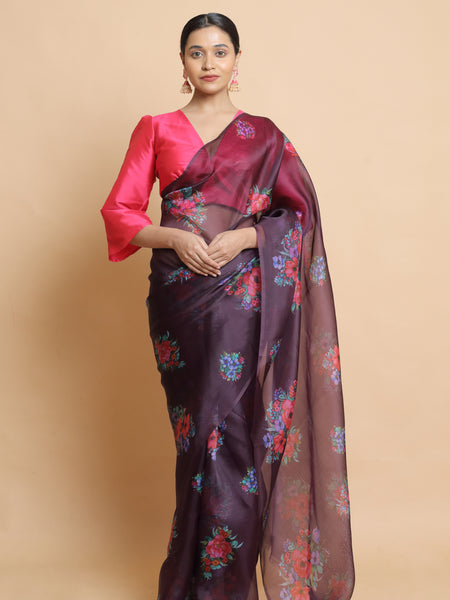 Majesta Women Violet Organza Saree Lightweight Ethnic Saree