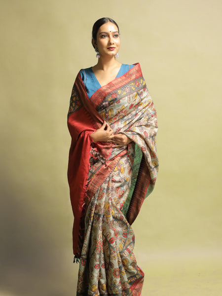Tarunima Elegant Grey Tussar Silk Saree with Zari Border – Sophisticated & Timeless Ethnic Wear