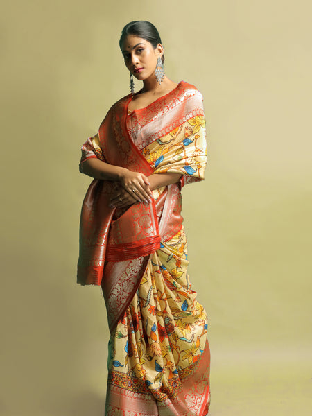 Kadambini Designer Yellow Red Khaddi Zari Saree for Festive, Wedding & Cultural Wear
