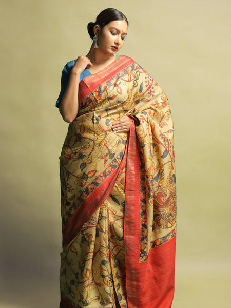 Tamaharini Elegant Mustard Tussar Silk Saree with Zari Border – Traditional & Festive Ethnic Wear