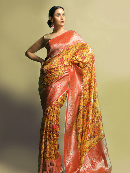Khaddi 4 Designer Yellow Red Khaddi Zari Silk Saree – Premium Festive Collection