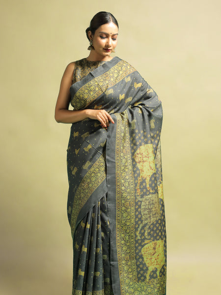 Takshvi Classic Blue and Yellow Tussar Silk Saree – Lightweight Handwoven Saree for Bold & Elegant Ethnic Look