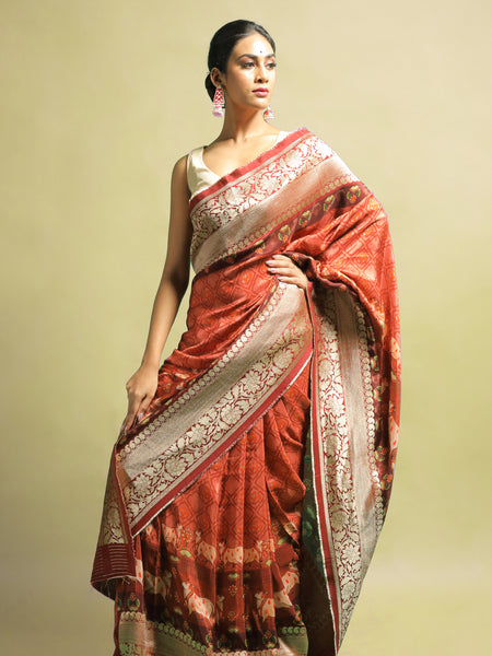 Khaddi 7 Premium Rust Silk Saree with Khaddi Zari Work for Weddings & Festive Wear