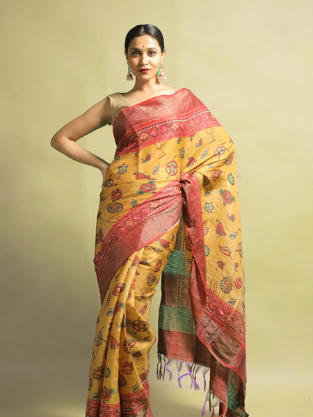 Tussar 6 Elegant Yellow Tussar Saree with Natural Silk Texture – Timeless Ethnic Wear