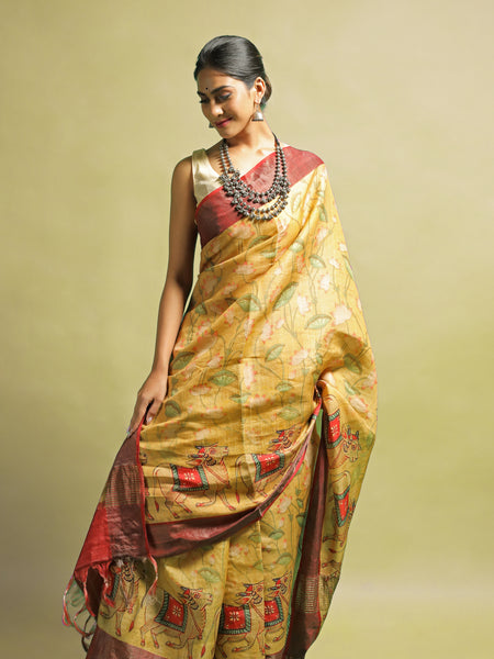 Taanu Elegant Yellow Tussar Silk Saree – Bright & Traditional Ethnic Wear for Festive Elegance