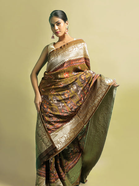 Kaandhal Luxury Mehendi Khaddi Silk Saree with Traditional Zari Weaving Elegance