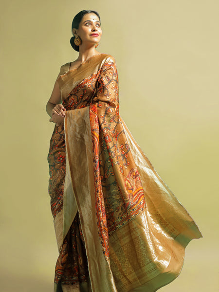 Krittika Premium Mehendi Green Khaddi Silk Saree with Rich Zari Border & Handwoven Craft