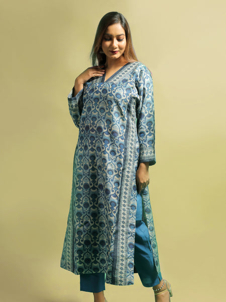 Ilisha Women’s Blue Printed Tussar Kurti for Daily and Festive Wear