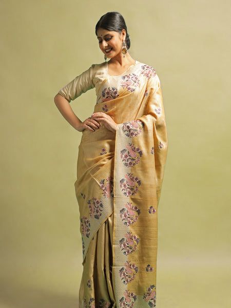 Eashita Golden Yellow Tussar Silk Saree | Elegant Traditional Handloom Ethnic Wear Saree