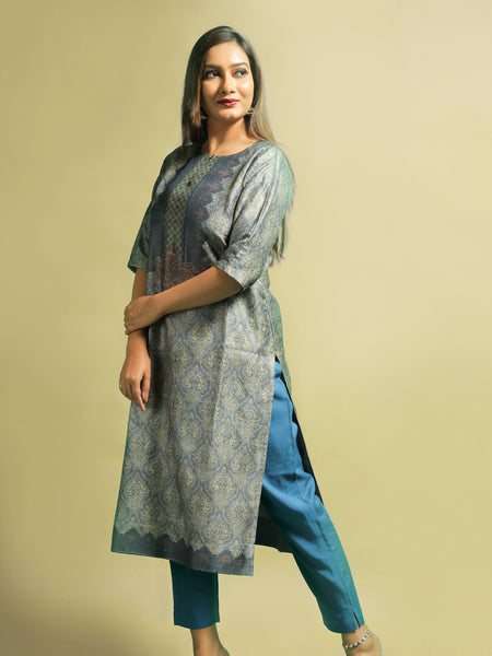 Idhriti Greyish Blue Printed Tussar Kurti for Women Elegant Ethnic Wear