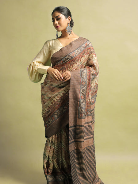 Tamali Elegant Beige and Brown Tussar Silk Saree – Earthy & Timeless Ethnic Wear for Classic Styling