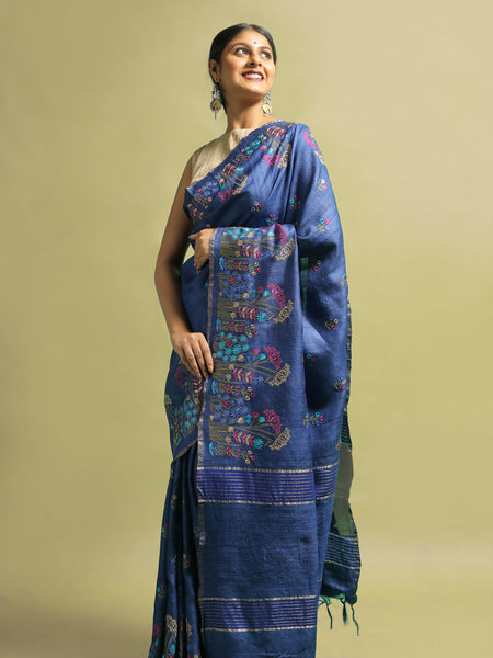 Eashwari Navy Blue Tussar Silk Saree | Elegant Traditional Handloom Ethnic Wear Saree