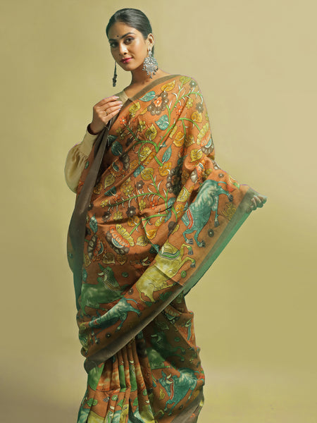 Taksheel Elegant Mehendi Green Tussar Silk Saree – Earthy & Traditional Ethnic Wear for Festive Elegance