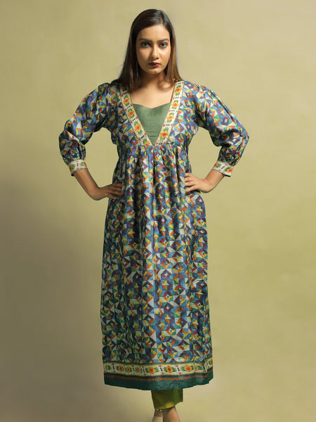 Kaanan Women’s Navy Blue Printed Tussar Kurti for Daily and Festive Wear