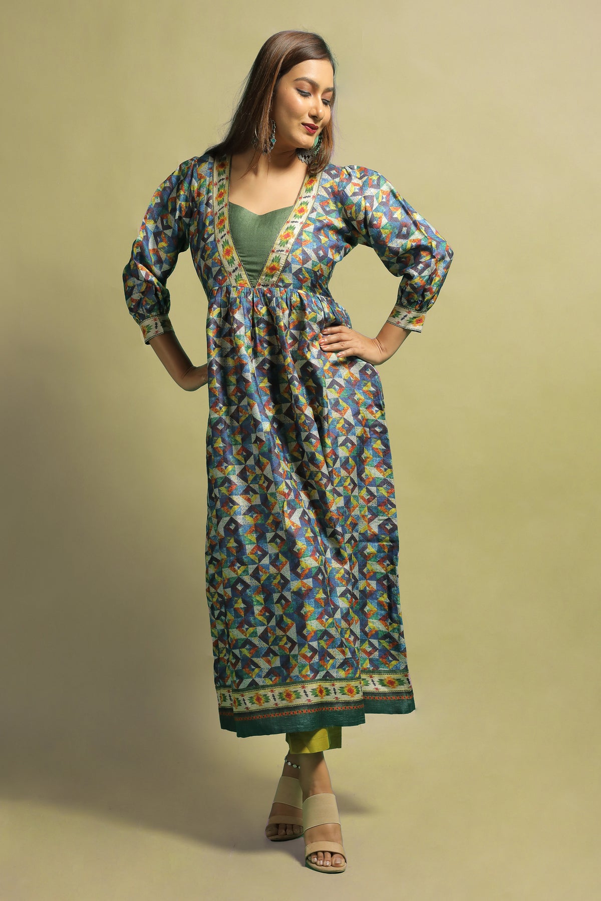 Kaanan Women’s Navy Blue Printed Tussar Kurti for Daily and Festive Wear