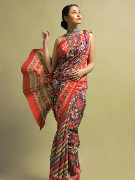 Tussar 21 Elegant Red and Blue Chanderi Saree Lightweight Festive Wear Saree