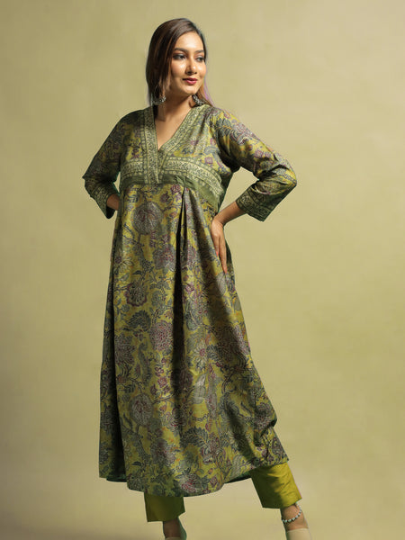 Eshal Women’s Dark Sea Green Printed Tussar Kurti for Daily and Festive Wear