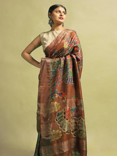 Tarala Classic Brown Tussar Silk Saree – Lightweight Handwoven Saree for Natural & Sophisticated Styling