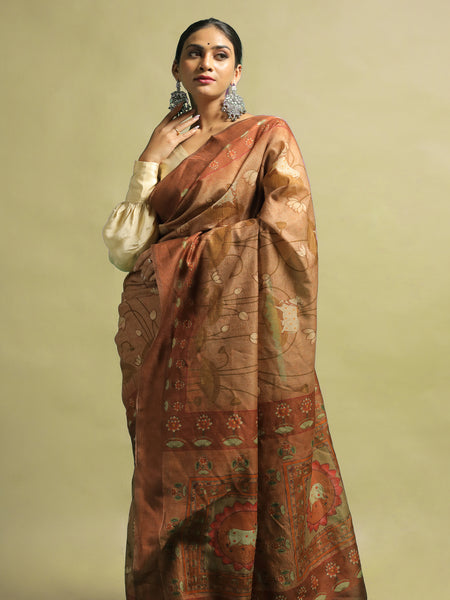 Tarjani Elegant Mehendi Tussar Silk Saree – Earthy & Traditional Ethnic Drape for Festive Wear