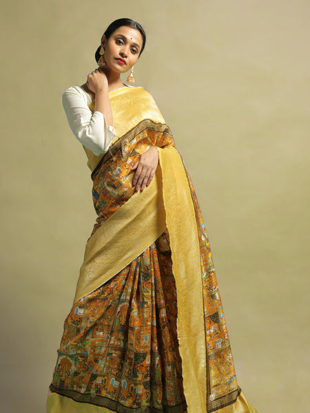 Tharaa Luxury Yellow Khaddi Silk Saree with Traditional Zari Work Border for Women