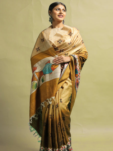 Evika Beige Tussar Silk Saree | Elegant Traditional Handloom Ethnic Wear Saree